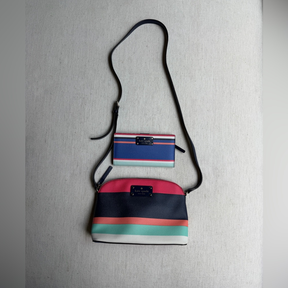 kate spade Navy, Coral, Mint & Cream Striped Crossbody with Card Wallet